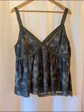 CIDER - Y2K Style - Olive Green Paisley Lace-Trim Camisole - XXL